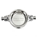 Example engraving (wedding): "Sophie & Callum / 4th September 2027" inside the 4" Thistle Handle Pewter Quaich Bowl
