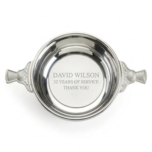 Example engraving (thank you): "David Wilson / 32 Years of Service / Thank You" inside the 4" Thistle Quaich Bowl