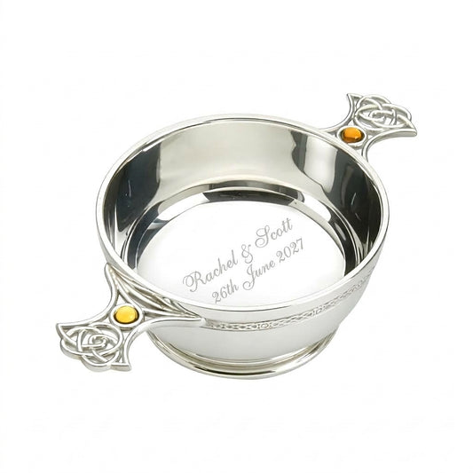 Example engraving (wedding): "Rachel & Scott / 26th June 2027" inside the 4" Topaz Quaich Pewter