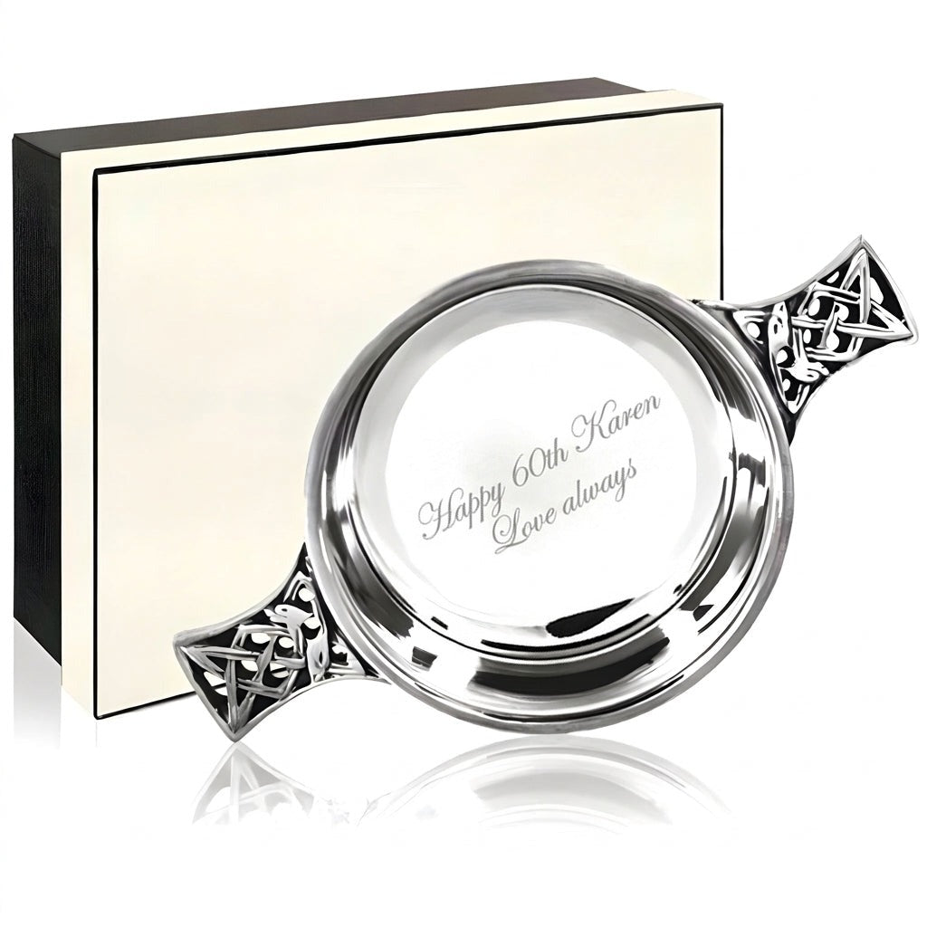 Example engraving (birthday): "Happy 60th Karen / Love always" inside the 5.5" Pewter Quaich Bowl