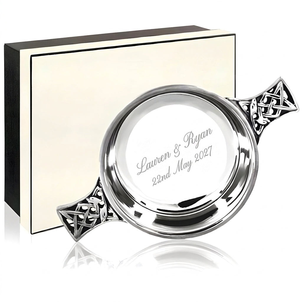 Example engraving (wedding): "Lauren & Ryan / 22nd May 2027" inside the 5.5" Pewter Quaich Bowl