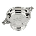 Example engraving (birthday): "DOUGLAS / 70 YEARS YOUNG / 2027" inside the 5" Nickel Plated Quaich Bowl