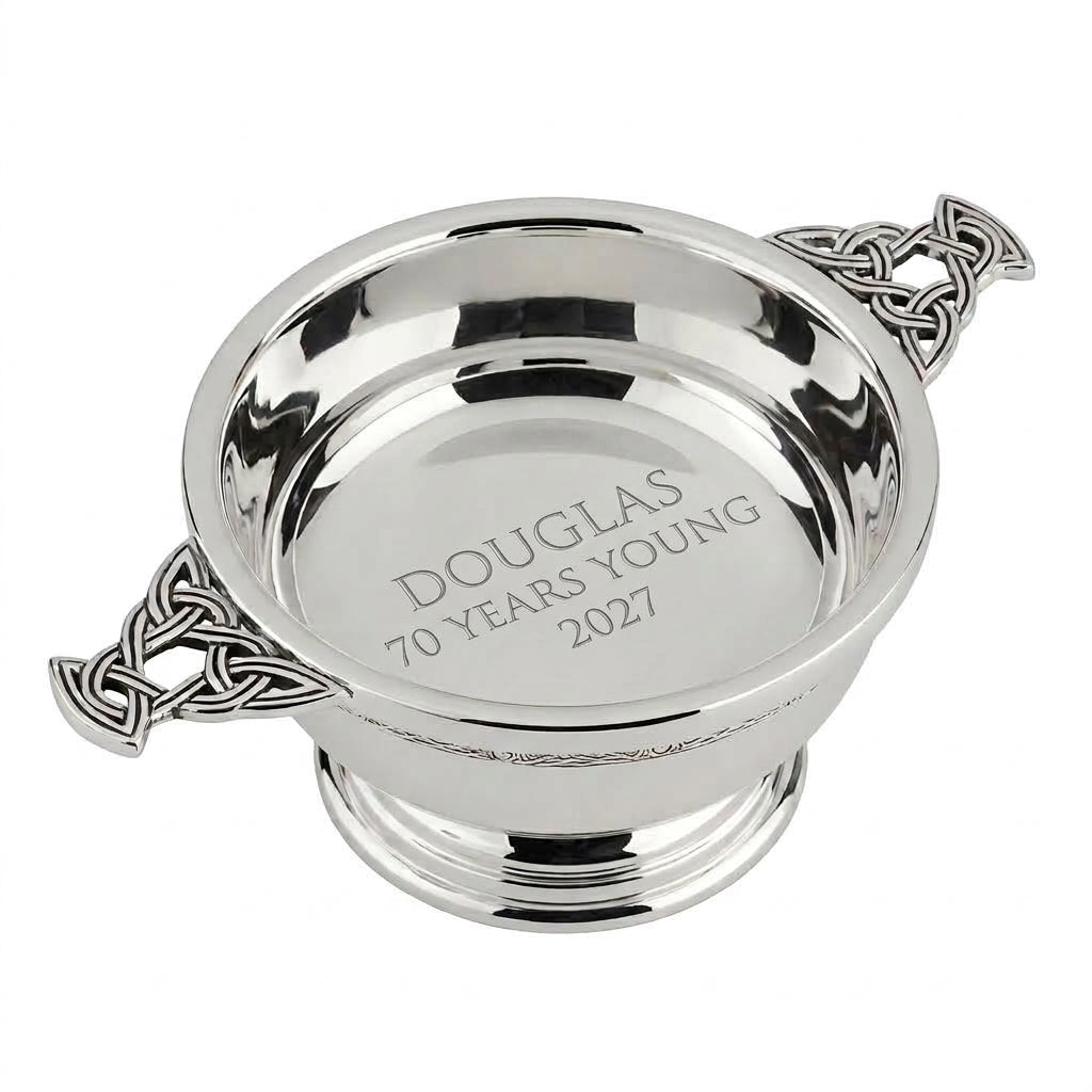 Example engraving (birthday): "DOUGLAS / 70 YEARS YOUNG / 2027" inside the 5" Nickel Plated Quaich Bowl