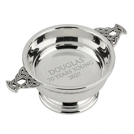 Example engraving (birthday): "DOUGLAS / 70 YEARS YOUNG / 2027" inside the 5" Nickel Plated Quaich Bowl