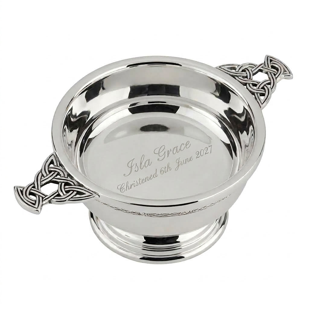 Example engraving (christening): "Isla Grace / Christened 6th June 2027" inside the 5" Nickel Plated Quaich Bowl