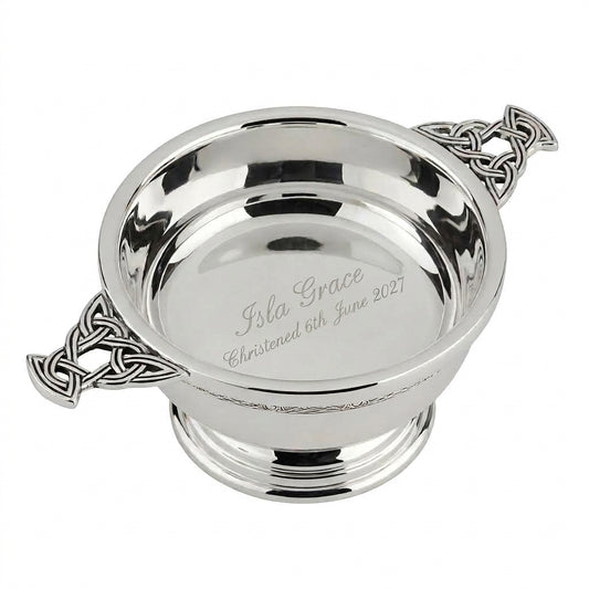 Example engraving (christening): "Isla Grace / Christened 6th June 2027" inside the 5" Nickel Plated Quaich Bowl