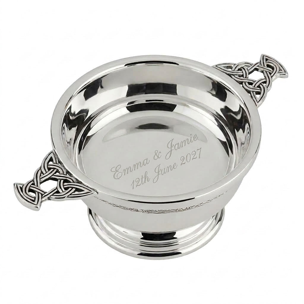 Example engraving (wedding): "Emma & Jamie / 12th June 2027" inside the 5" Nickel Plated Quaich Bowl
