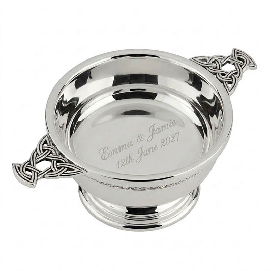 Example engraving (wedding): "Emma & Jamie / 12th June 2027" inside the 5" Nickel Plated Quaich Bowl