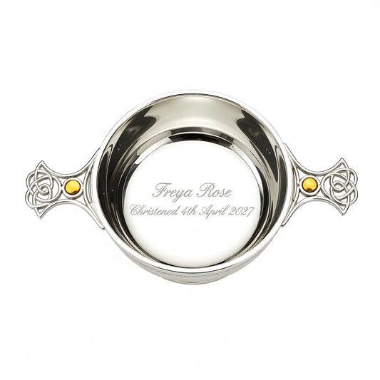 Example engraving (christening): "Freya Rose / Christened 4th April 2027" inside the 5" Quaich Bowl Celtic Weave Handle Topaz