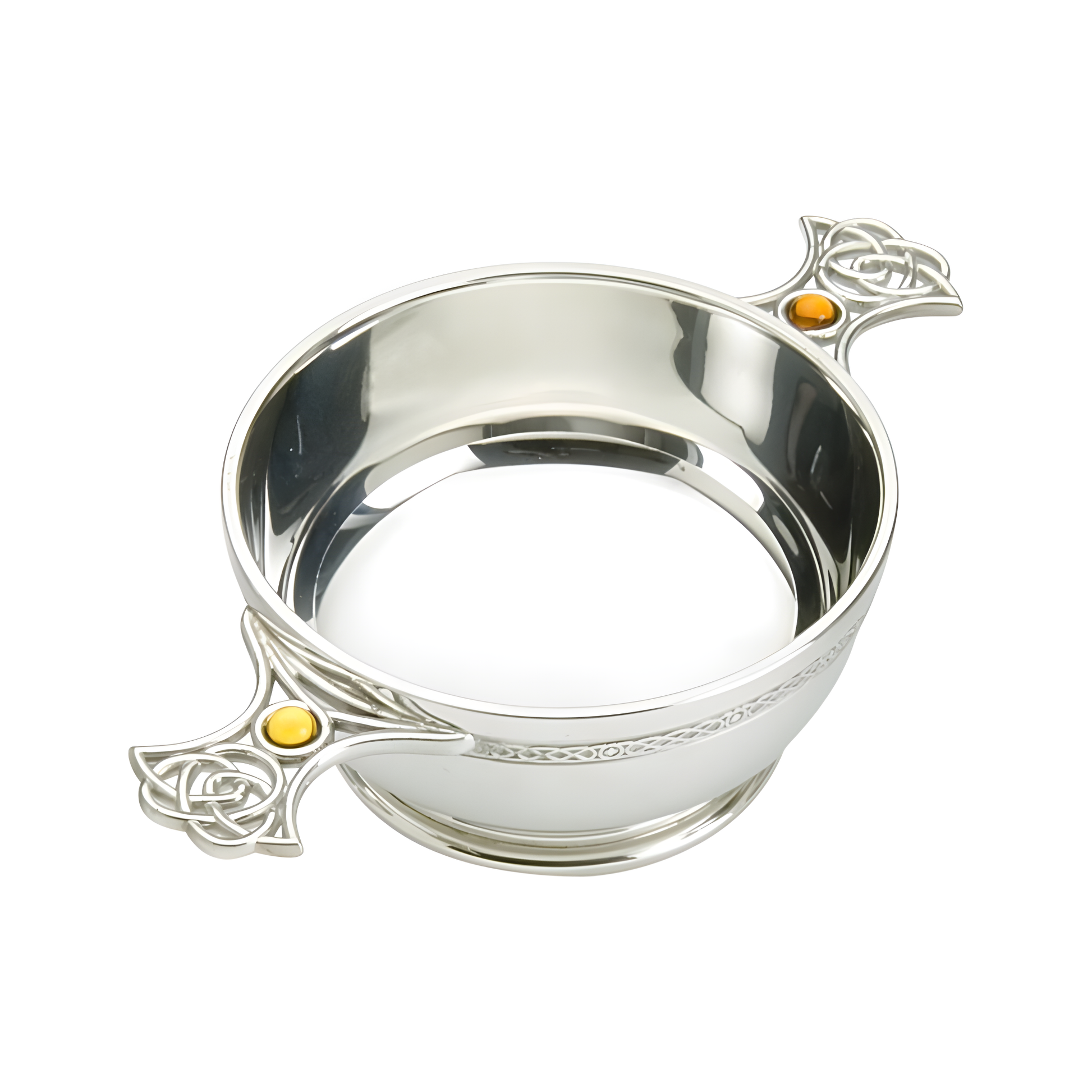 5-inch silver quaich bowl with Celtic weave handles and topaz accents.