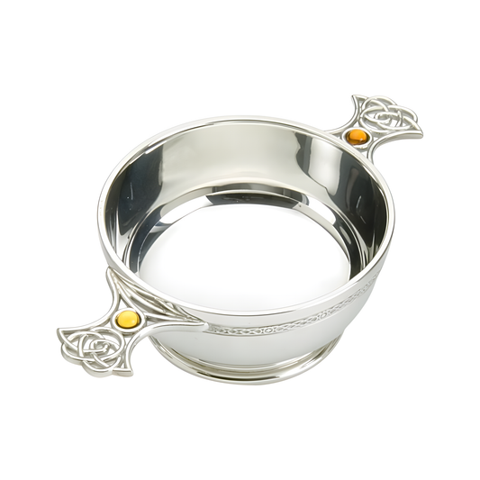 5-inch silver quaich bowl with Celtic weave handles and topaz accents.