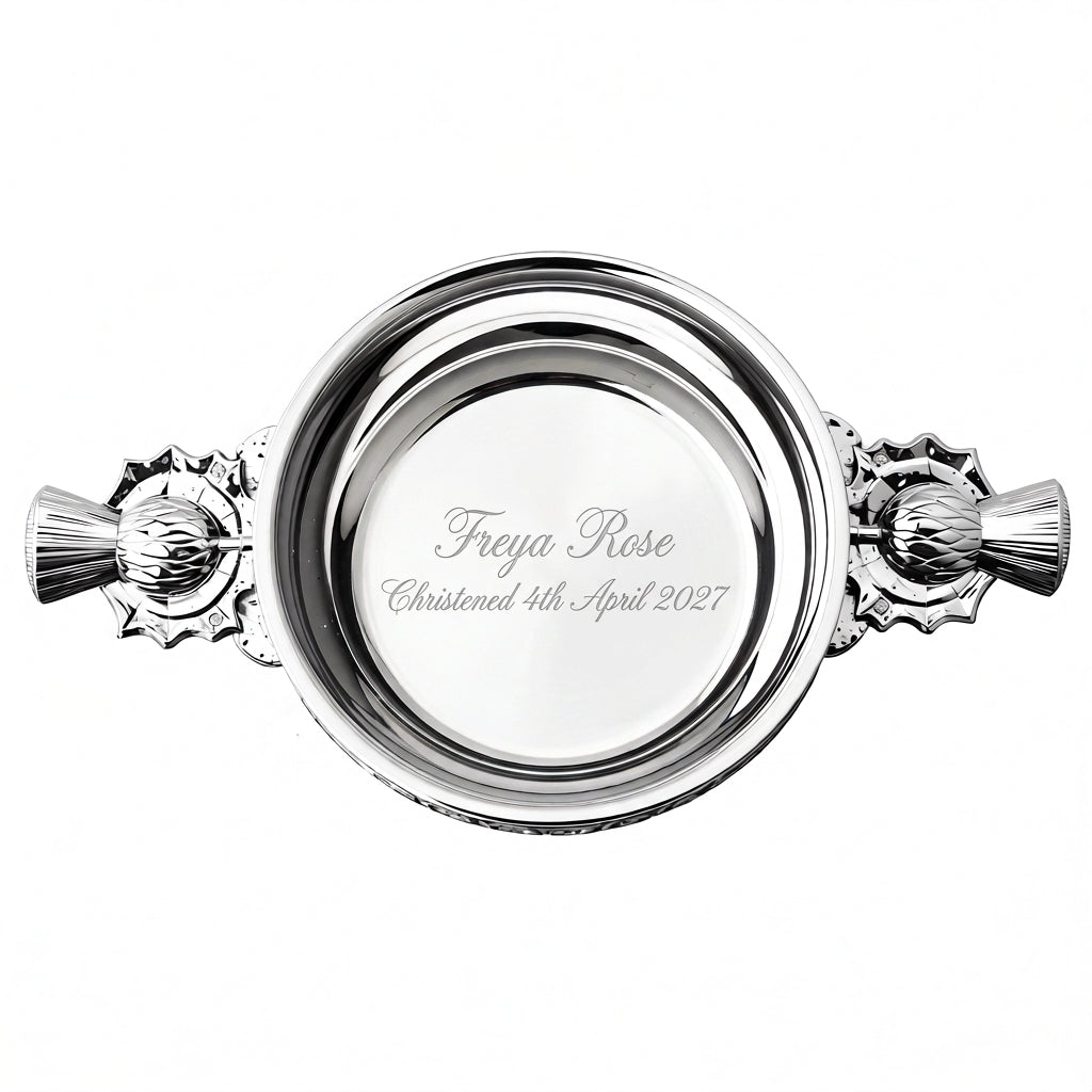 Example engraving (christening): "Freya Rose / Christened 4th April 2027" inside the 5" Thistle Handle Pewter Quaich Bowl