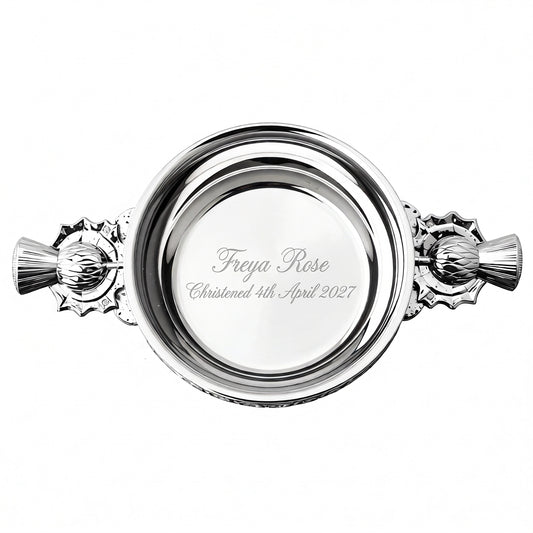 Example engraving (christening): "Freya Rose / Christened 4th April 2027" inside the 5" Thistle Handle Pewter Quaich Bowl
