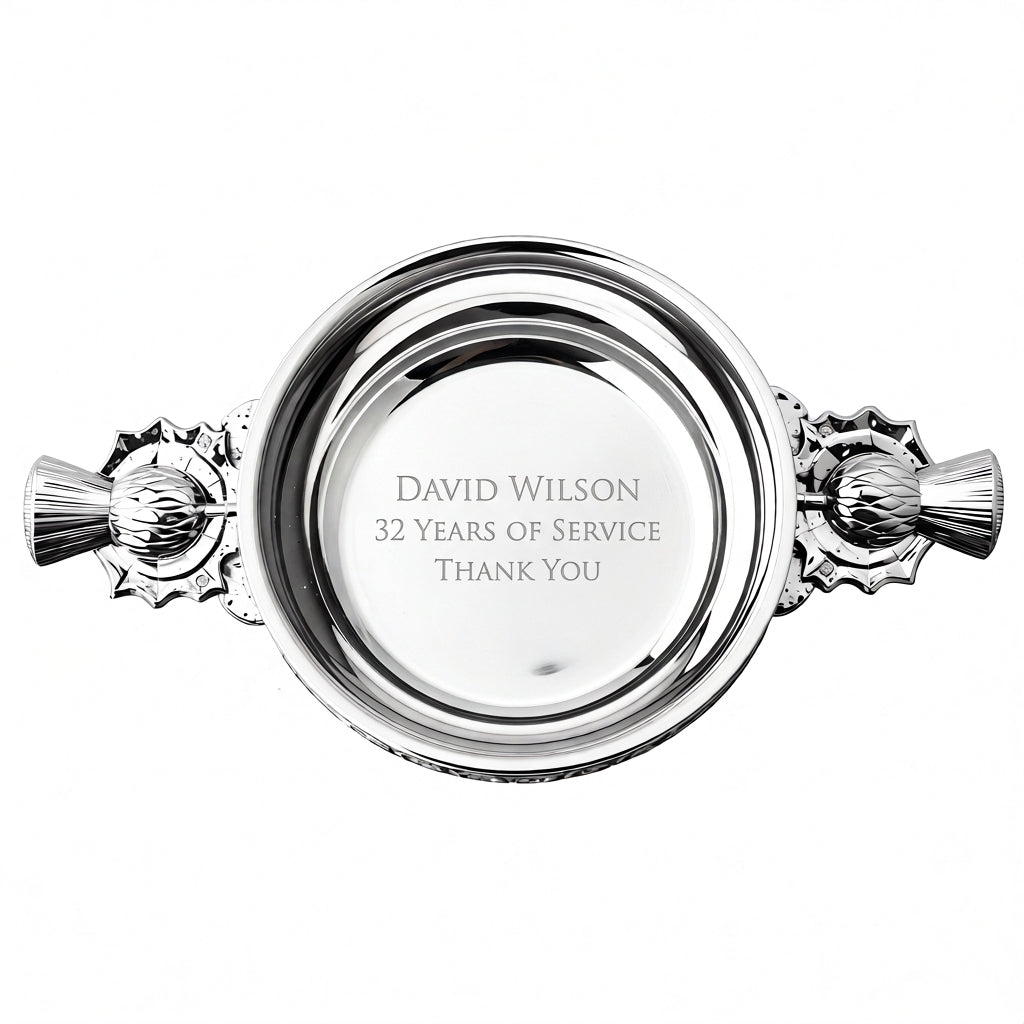 Example engraving (thank you): "David Wilson / 32 Years of Service / Thank You" inside the 5" Thistle Handle Pewter Quaich Bowl