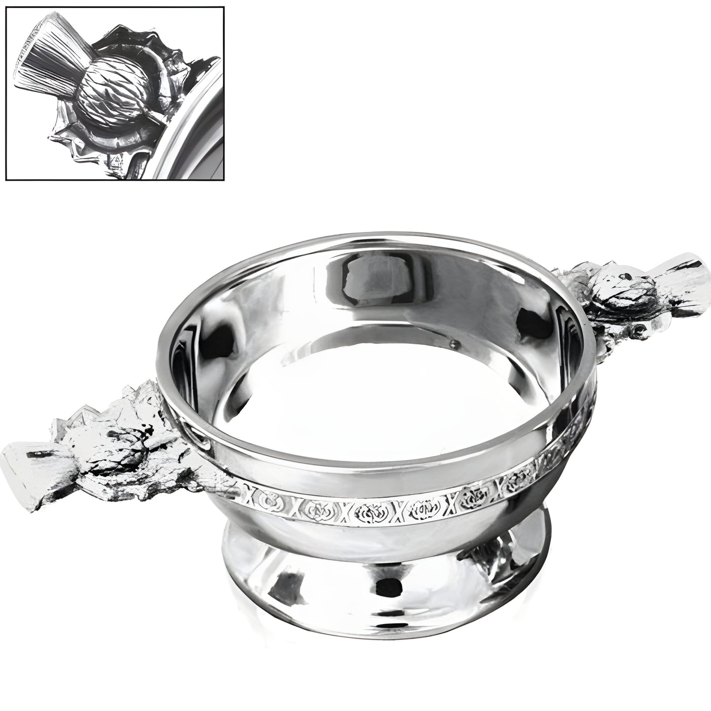 Pewter quaich with thistle handle and Celtic pattern, traditional Scottish drinking bowl.