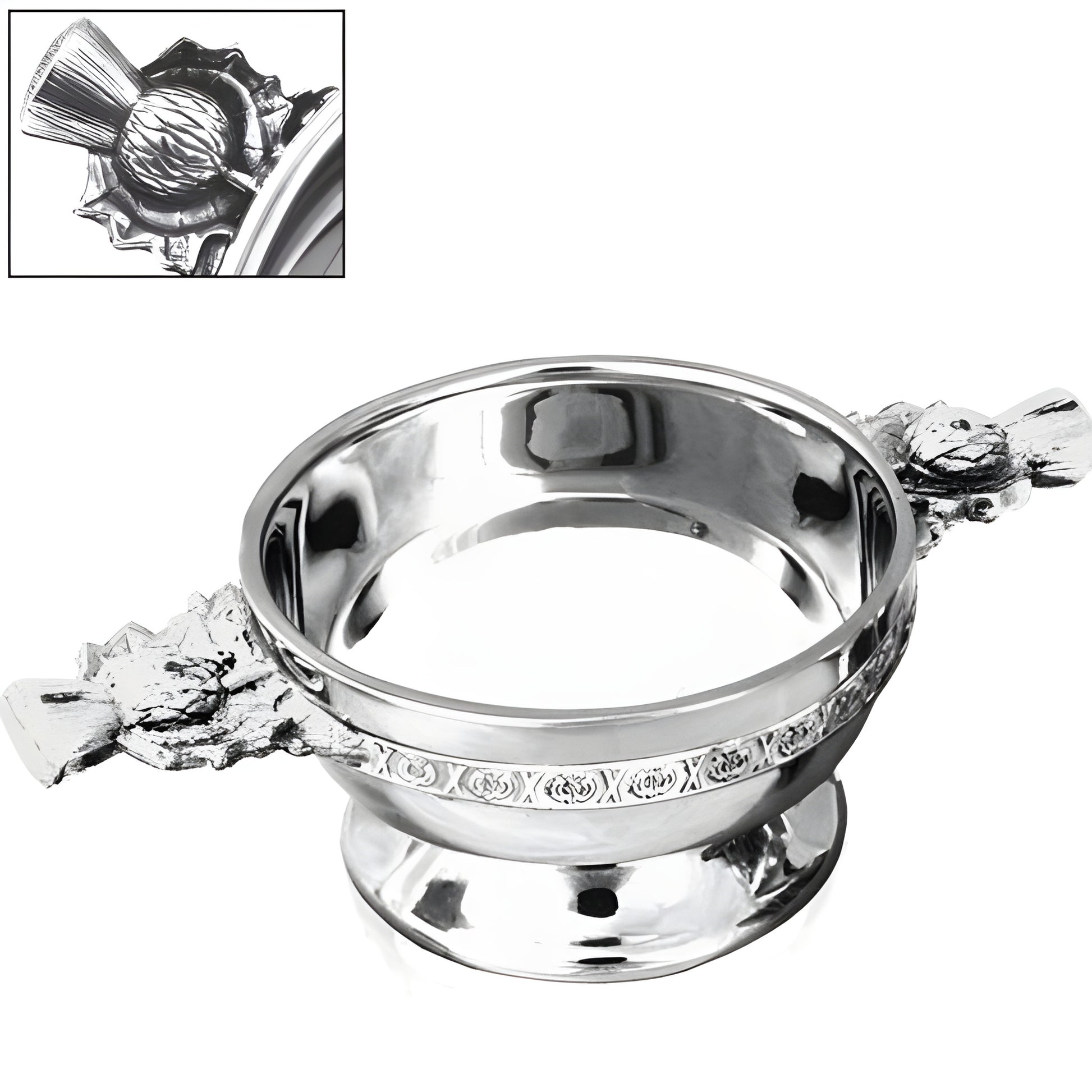 Pewter quaich with thistle handle and Celtic pattern, traditional Scottish drinking bowl.