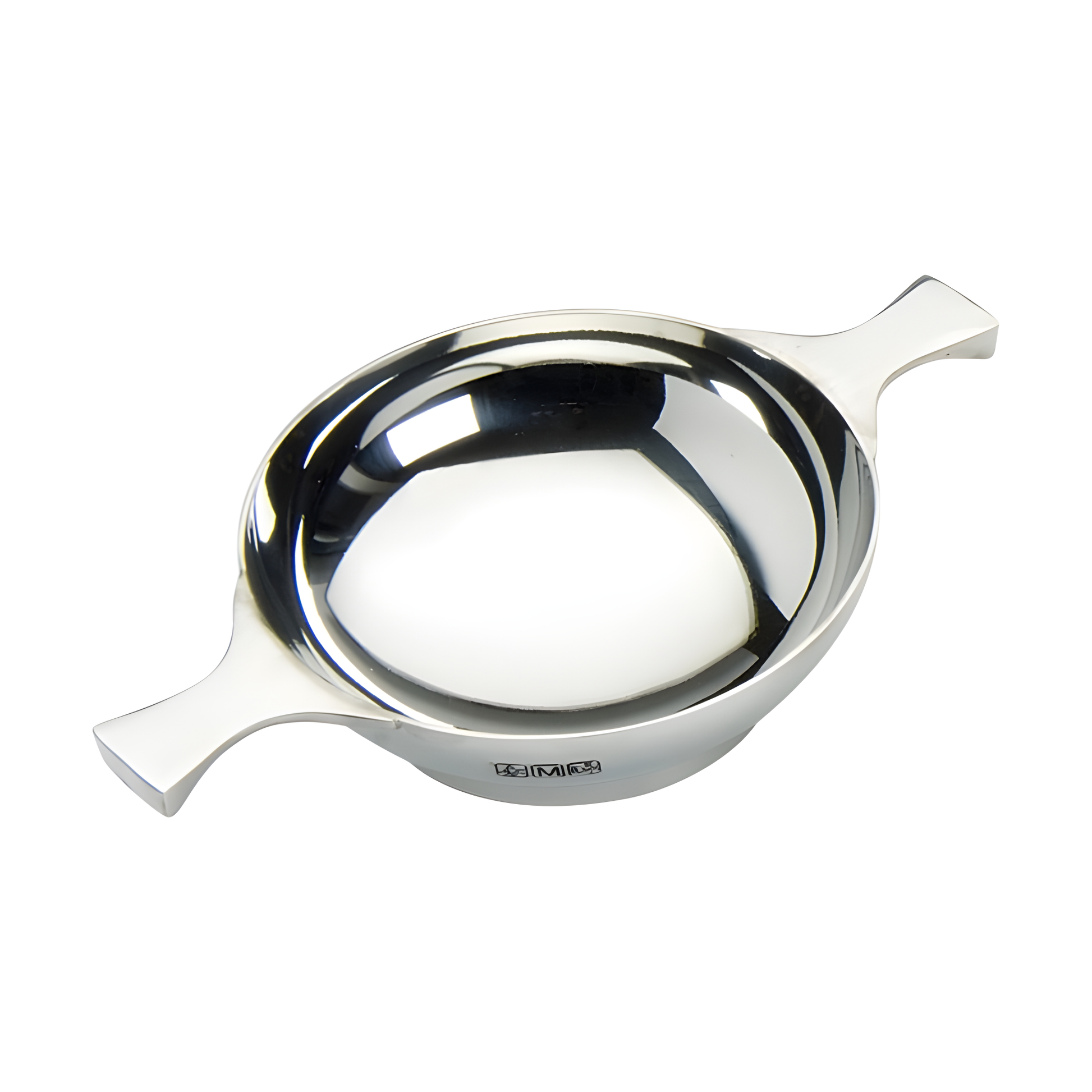 Plain 5-inch pewter quaich bowl with two handles, traditional Scottish drinking cup.