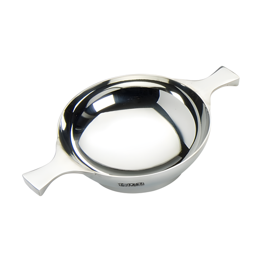 Plain 5-inch pewter quaich bowl with two handles, traditional Scottish drinking cup.