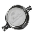 Example engraving (christening): "Freya Rose / Christened 4th April 2027" inside the 6.5" Celtic Knot Handle Pewter Quaich Bowl