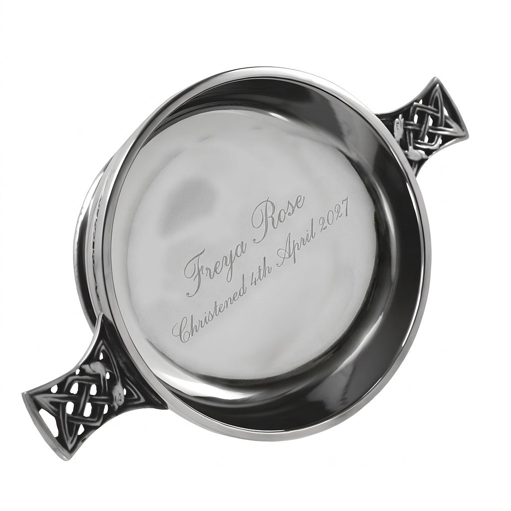 Example engraving (christening): "Freya Rose / Christened 4th April 2027" inside the 6.5" Celtic Knot Handle Pewter Quaich Bowl