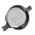 Example engraving (wedding): "Lauren & Ryan / 22nd May 2027" inside the 6.5" Celtic Knot Handle Pewter Quaich Bowl