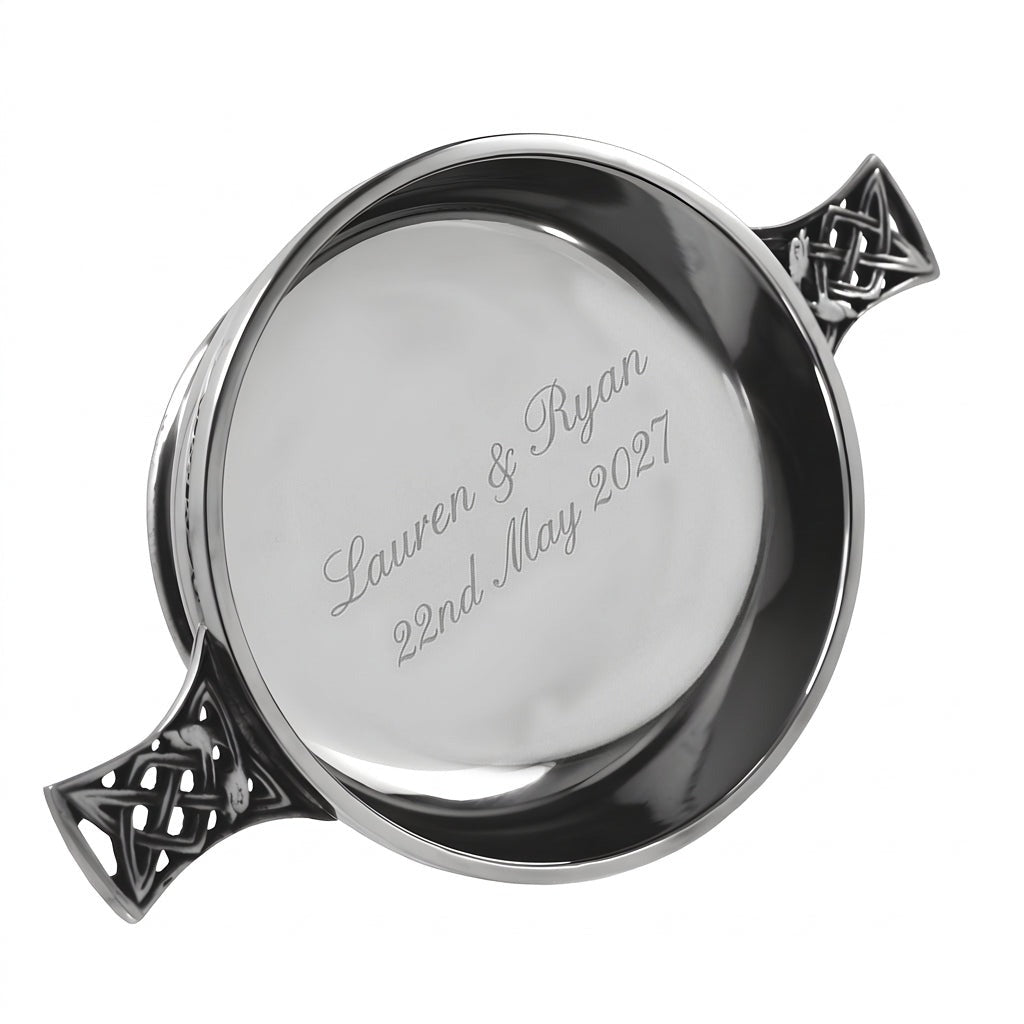 Example engraving (wedding): "Lauren & Ryan / 22nd May 2027" inside the 6.5" Celtic Knot Handle Pewter Quaich Bowl