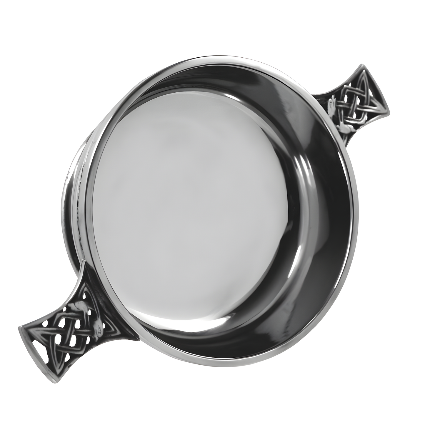 Pewter quaich bowl with Celtic knot handles, ideal as a Scottish gift.