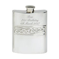 Example engraving (birthday): "Ross / 21st Birthday / 4th March 2027" on the 6oz Hip Flask Celtic Casting