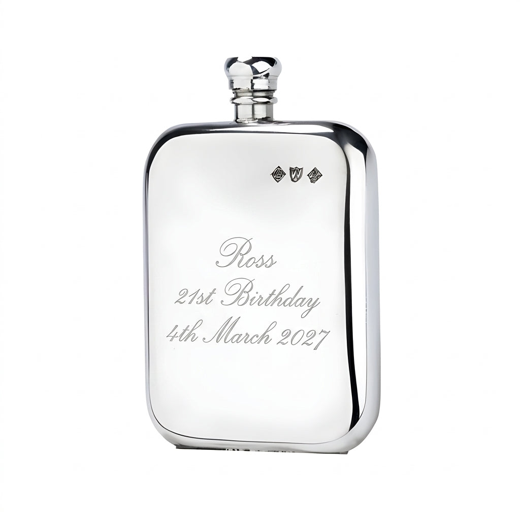 Example engraving (birthday): "Ross / 21st Birthday / 4th March 2027" on the 8oz Pewter Victorian Pewter Hip Flask