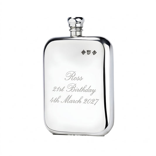 Example engraving (birthday): "Ross / 21st Birthday / 4th March 2027" on the 8oz Pewter Victorian Pewter Hip Flask