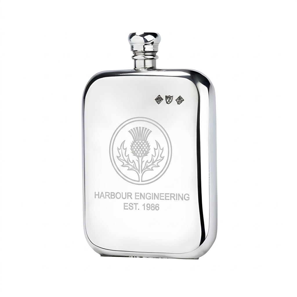 Example engraving (company logo): "HARBOUR ENGINEERING / EST. 1986" on the 8oz Pewter Victorian Pewter Hip Flask
