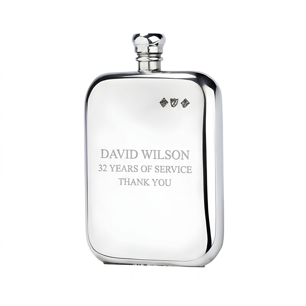 Example engraving (thank you): "David Wilson / 32 Years of Service / Thank You" on the 8oz Pewter Victorian Pewter Hip Flask