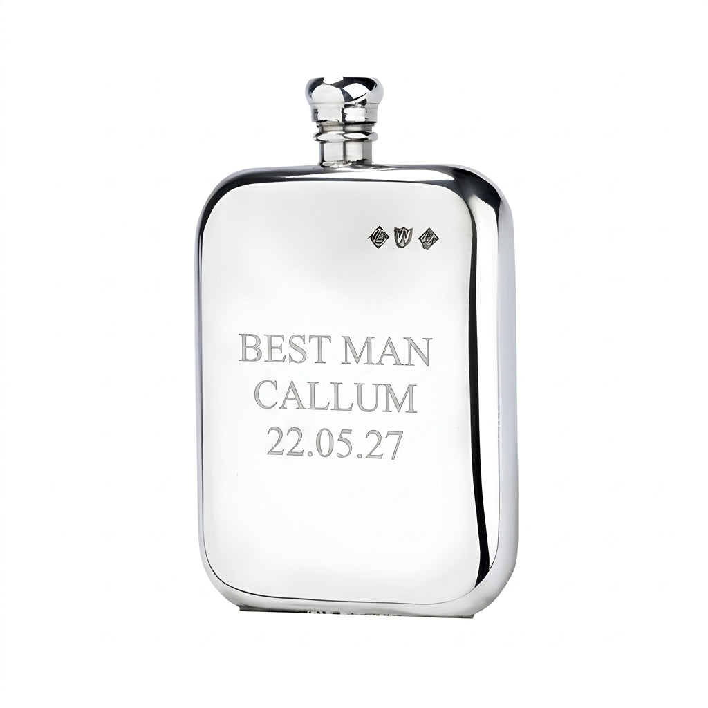 Example engraving (wedding party): "Best Man / Callum / 22.05.27" on the 8oz Pewter Victorian Pewter Hip Flask