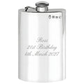 Example engraving (birthday): "Ross / 21st Birthday / 4th March 2027" on the 8oz Plain Pewter Hip Flask With Hinged Captive Top