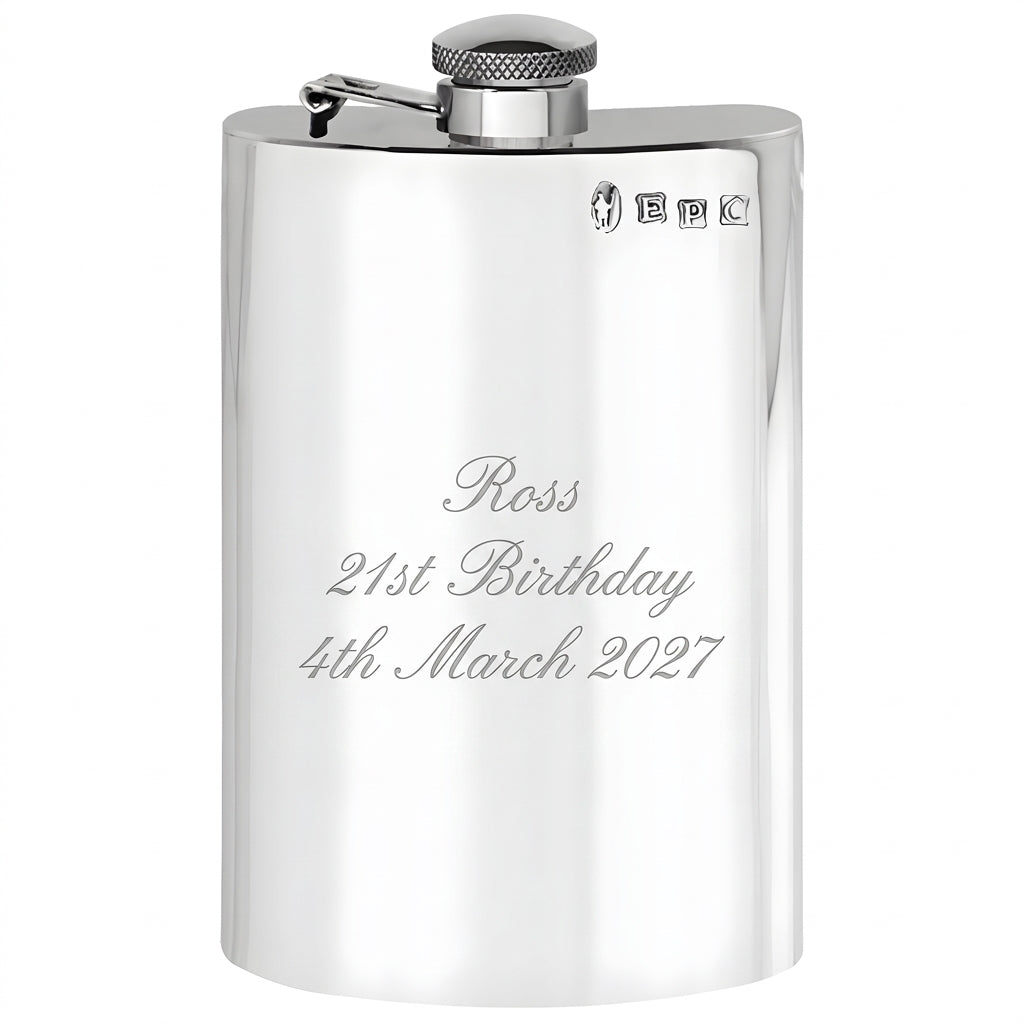Example engraving (birthday): "Ross / 21st Birthday / 4th March 2027" on the 8oz Plain Pewter Hip Flask With Hinged Captive Top