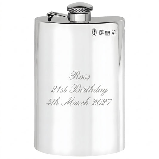 Example engraving (birthday): "Ross / 21st Birthday / 4th March 2027" on the 8oz Plain Pewter Hip Flask With Hinged Captive Top