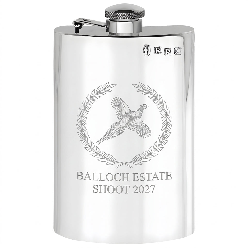 Example engraving (crest): "BALLOCH ESTATE / SHOOT 2027" on the 8oz Plain Pewter Hip Flask With Hinged Captive Top