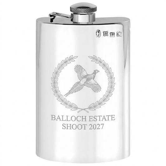 Example engraving (crest): "BALLOCH ESTATE / SHOOT 2027" on the 8oz Plain Pewter Hip Flask With Hinged Captive Top