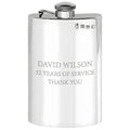 Example engraving (thank you): "David Wilson / 32 Years of Service / Thank You" on the 8oz Plain Pewter Hip Flask With Hinged Captive Top