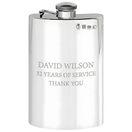 Example engraving (thank you): "David Wilson / 32 Years of Service / Thank You" on the 8oz Plain Pewter Hip Flask With Hinged Captive Top