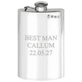 Example engraving (wedding party): "Best Man / Callum / 22.05.27" on the 8oz Plain Pewter Hip Flask With Hinged Captive Top