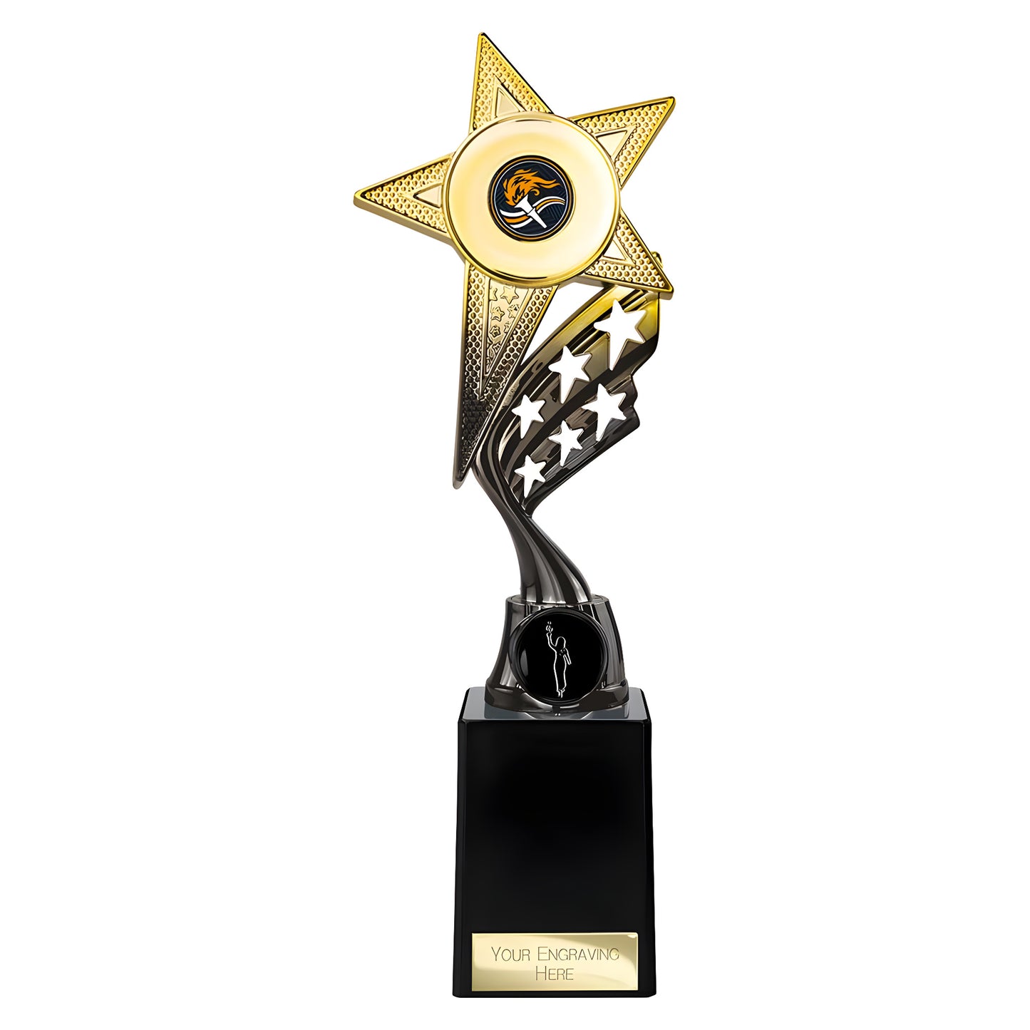 Golden star award trophy with an engraving plaque on the base.