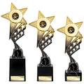 Three tennis star trophies with customizable engraving plates.