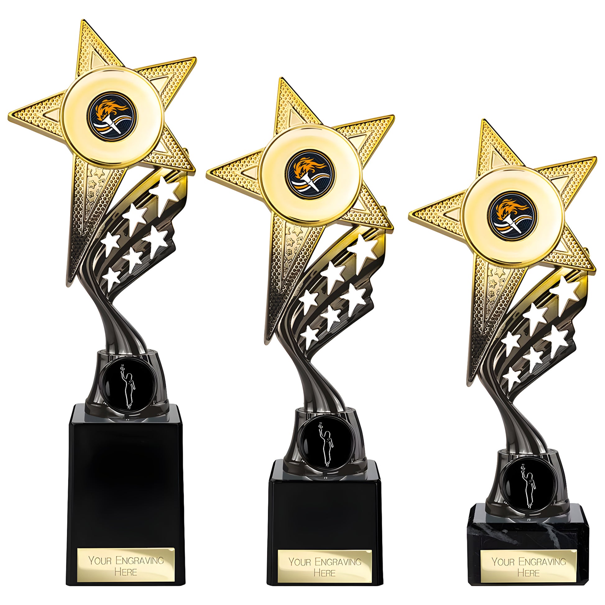 Three tennis star trophies with customizable engraving plates.