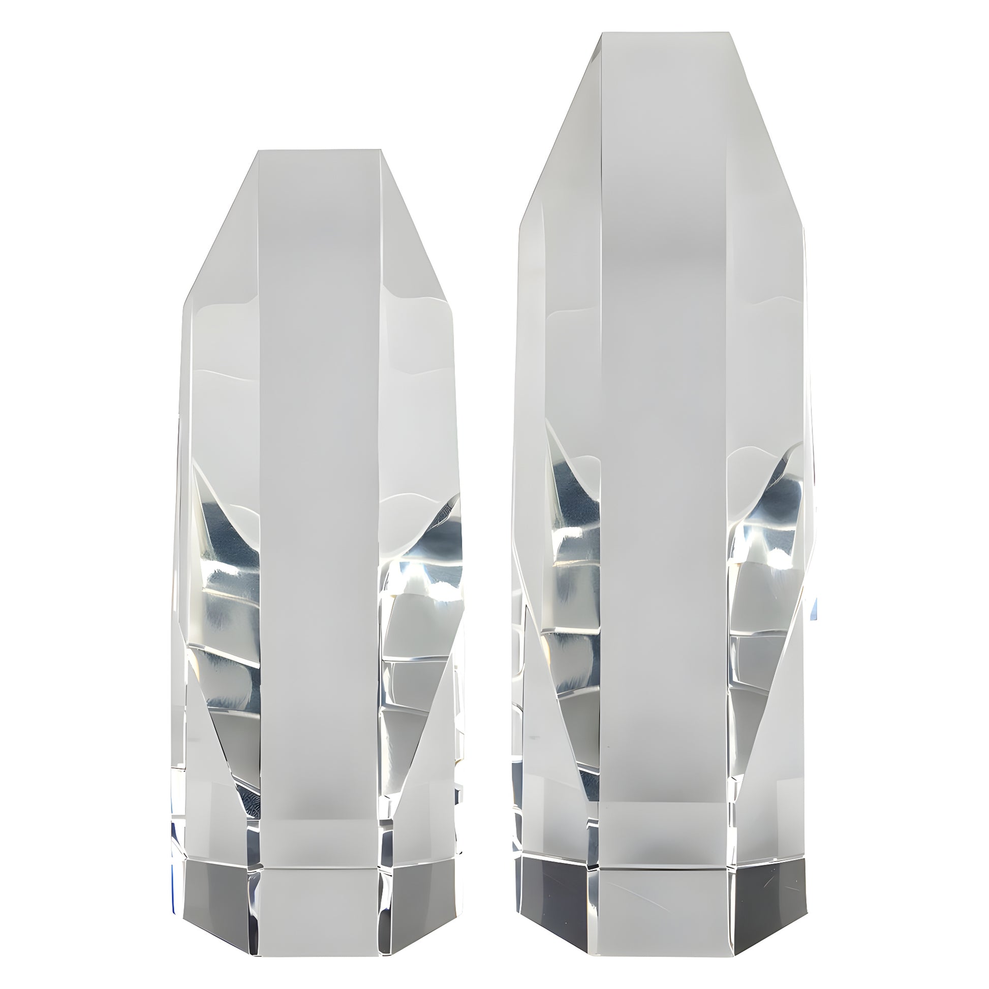 Two faceted clear crystal awards in different sizes on a white background.