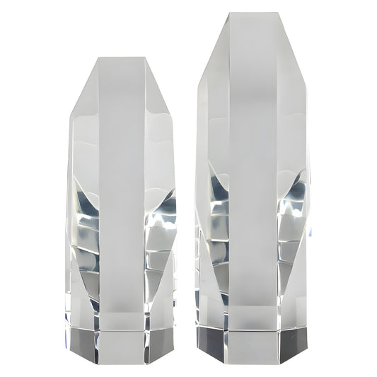 Two faceted clear crystal awards in different sizes on a white background.