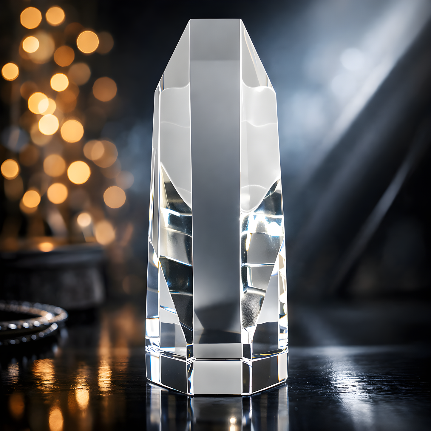 Crystal award with geometric prism design on a dark background