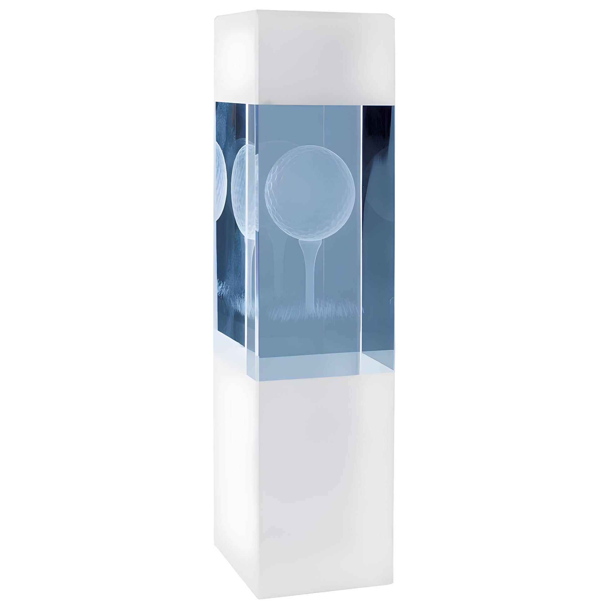 3D crystal award with engraved golf ball inside a rectangular block.