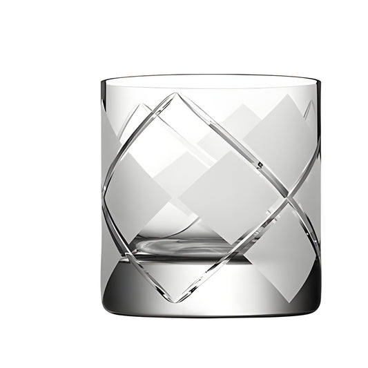 Crystal whiskey glass with etched argyle pattern and modern design.