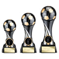 Three carbon black and fusion gold soccer trophies with engraving plaques.